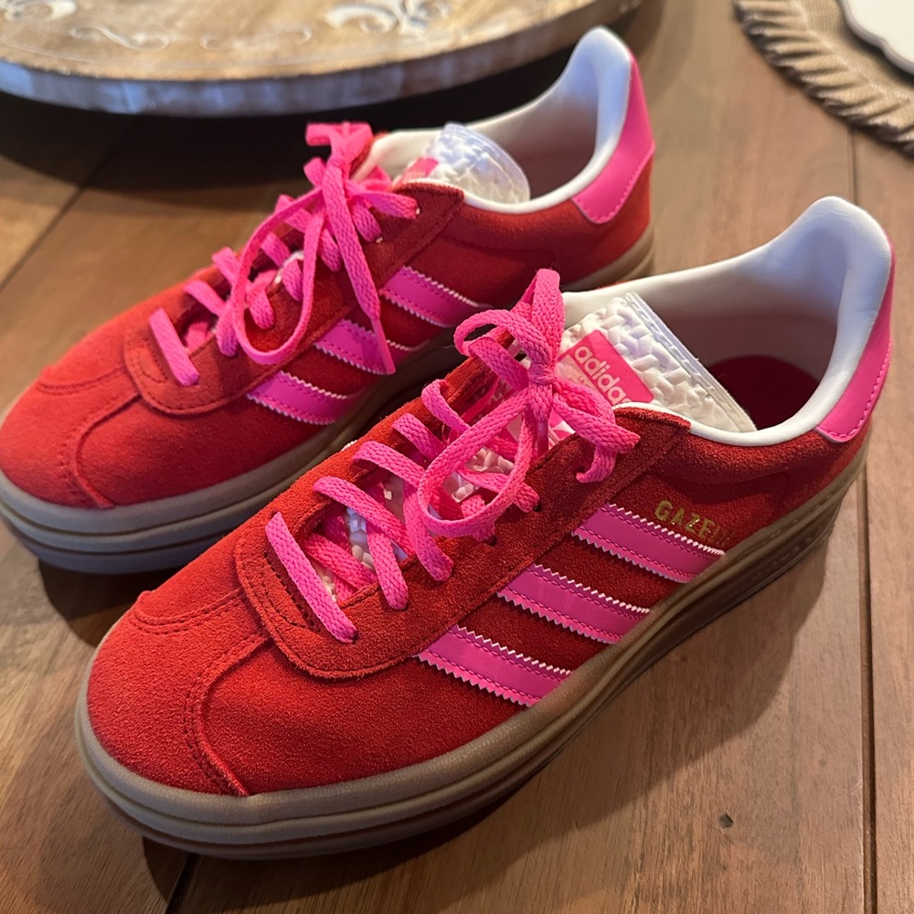 Pink and Red Platform Adidas Gazelles - Size 7